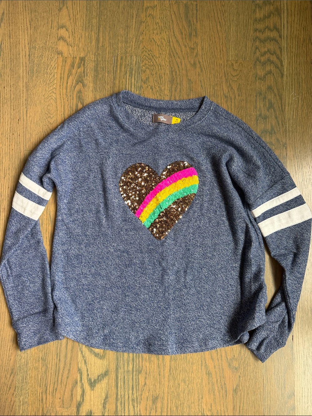 Girls' Navy Sequin Heart Sweatshirt with Rainbow Stripes